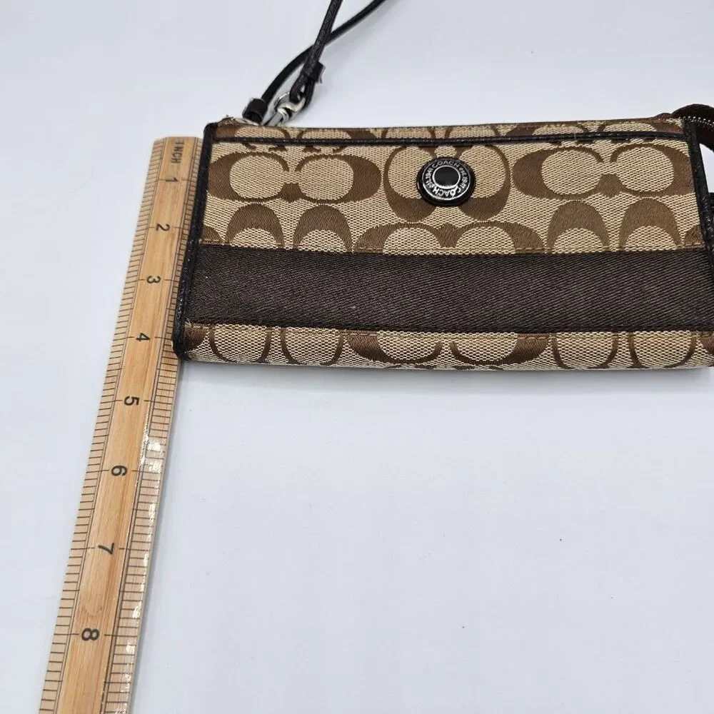 Coach Signature Jacquard Wristlet Wallet Khaki Brown Zip Clutch Leather Trim